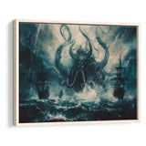 Big Cthulhu Monter Attacking The Pirate Ship Dark Blue, Framed Canvas Print Wall Art Decor,Floating Frame