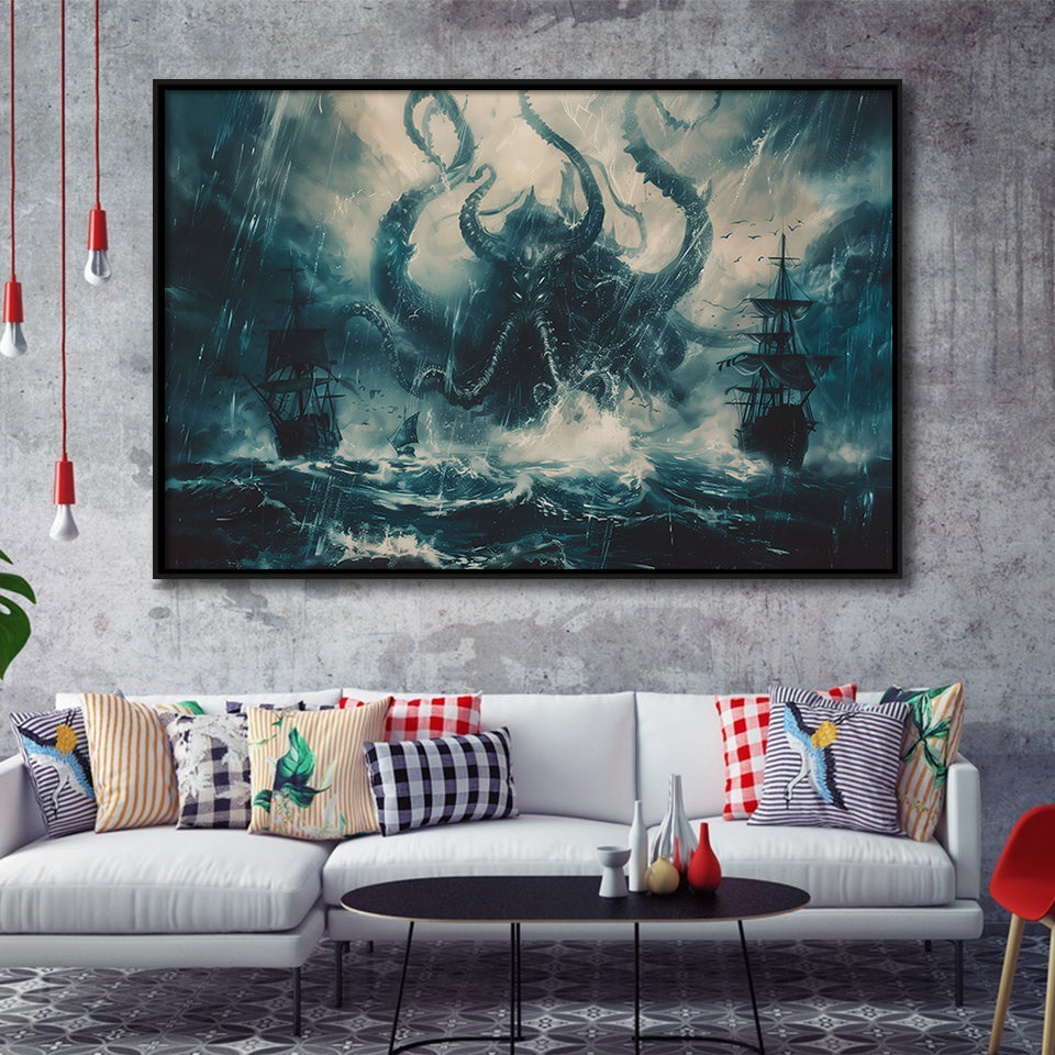 Big Cthulhu Monter Attacking The Pirate Ship Dark Blue, Framed Canvas Print Wall Art Decor,Floating Frame