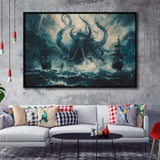 Big Cthulhu Monter Attacking The Pirate Ship Dark Blue, Framed Canvas Print Wall Art Decor,Floating Frame