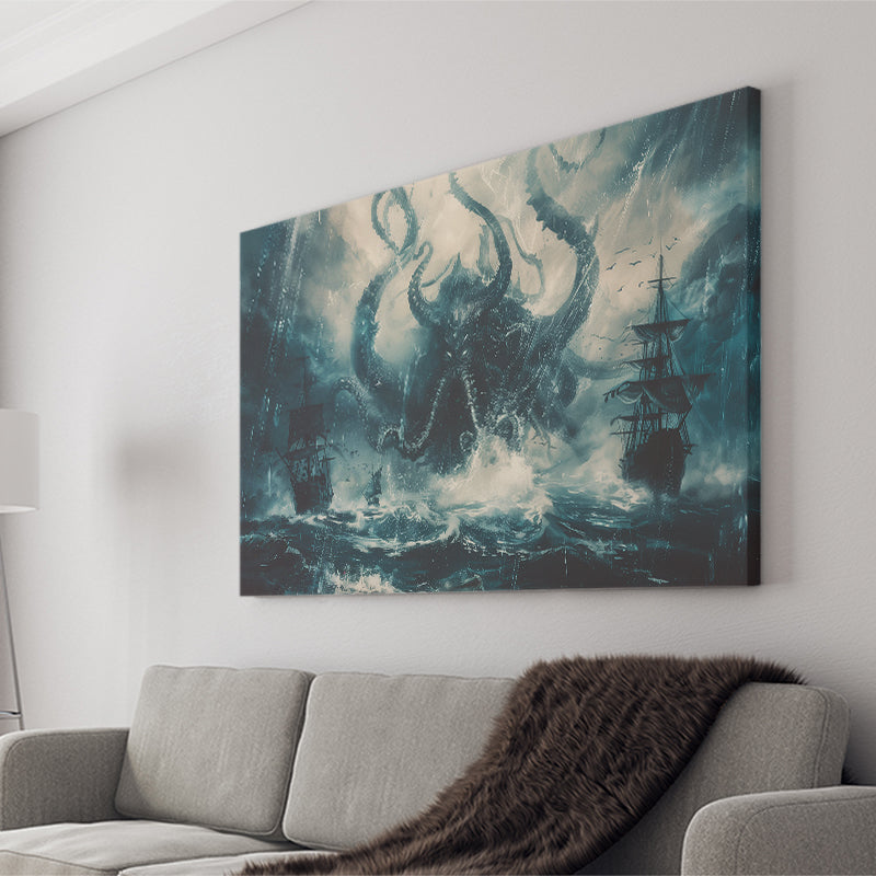 Big Cthulhu Monter Attacking The Pirate Ship Dark Blue, Canvas Print Wall Art Decor, Landscape Art Print