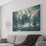 Big Cthulhu Monter Attacking The Pirate Ship Dark Blue, Canvas Print Wall Art Decor, Landscape Art Print