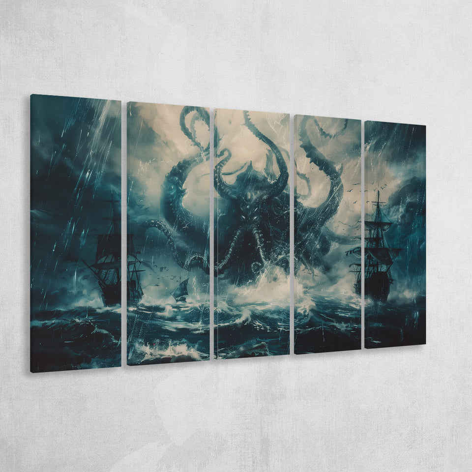 Big Cthulhu Monter Attacking The Pirate Ship Dark Blue, Extra Large Multi 5 Panel Canvas Print Wall Art Decor