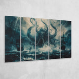 Big Cthulhu Monter Attacking The Pirate Ship Dark Blue, Extra Large Multi 5 Panel Canvas Print Wall Art Decor