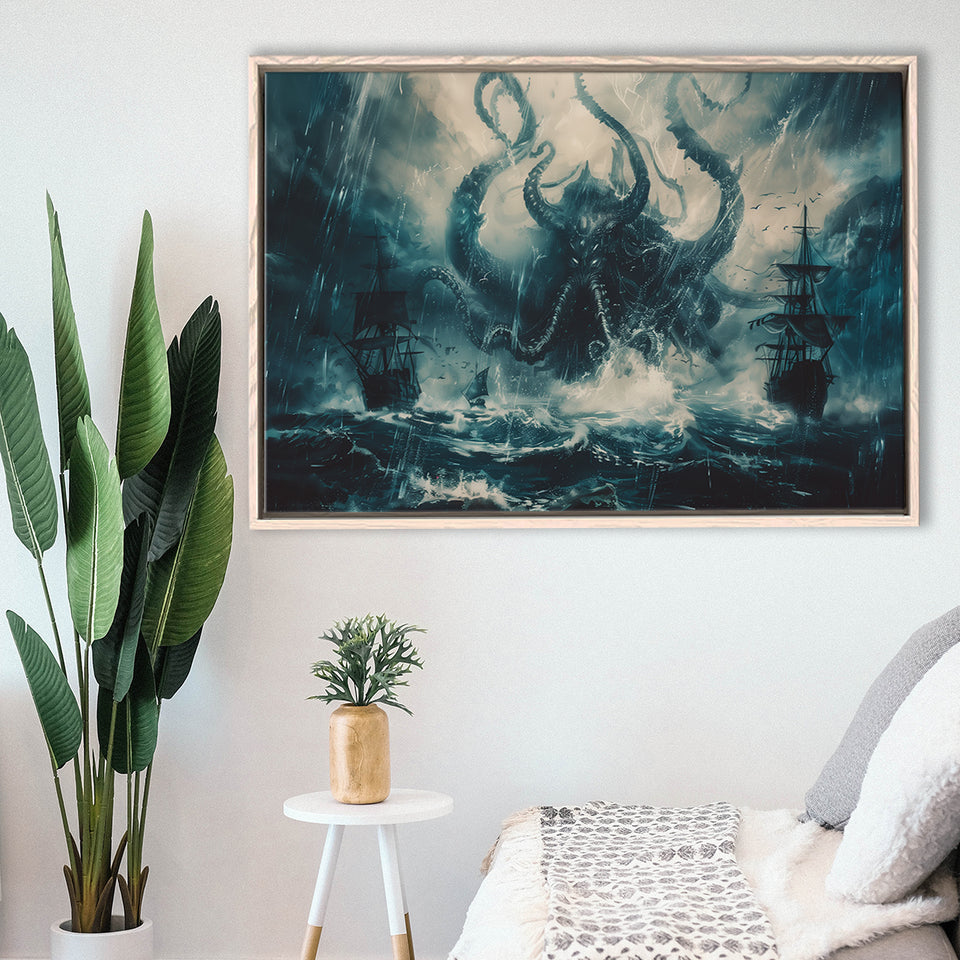 Big Cthulhu Monter Attacking The Pirate Ship Dark Blue, Framed Canvas Print Wall Art Decor,Floating Frame