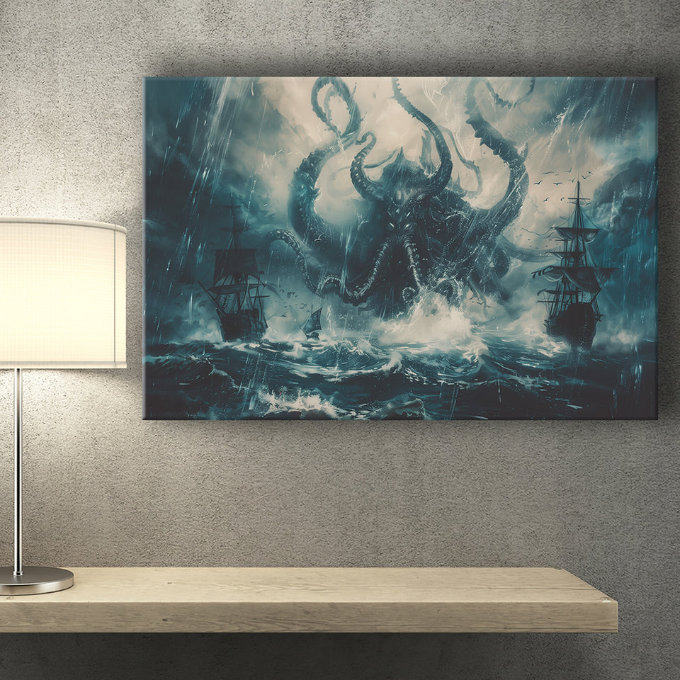 Big Cthulhu Monter Attacking The Pirate Ship Dark Blue, Canvas Print Wall Art Decor, Landscape Art Print