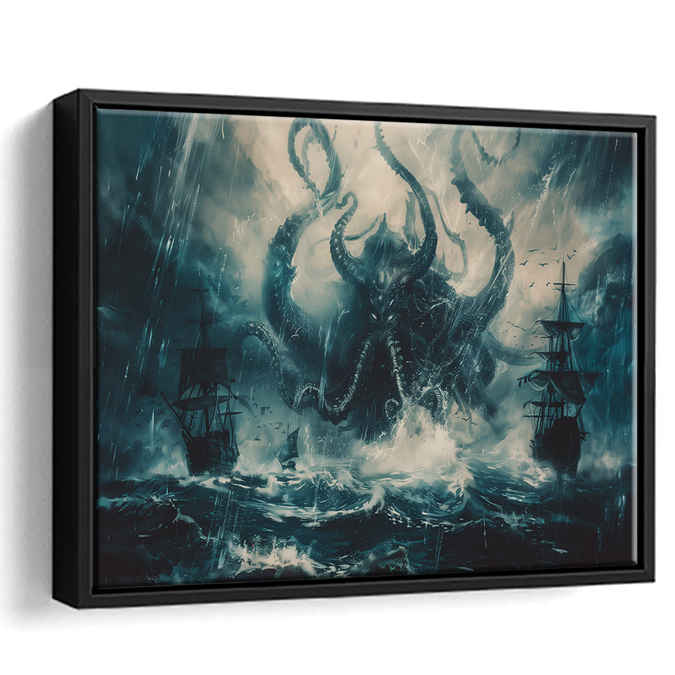 Big Cthulhu Monter Attacking The Pirate Ship Dark Blue, Framed Canvas Print Wall Art Decor,Floating Frame