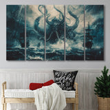 Big Cthulhu Monter Attacking The Pirate Ship Dark Blue, Extra Large Multi 5 Panel Canvas Print Wall Art Decor