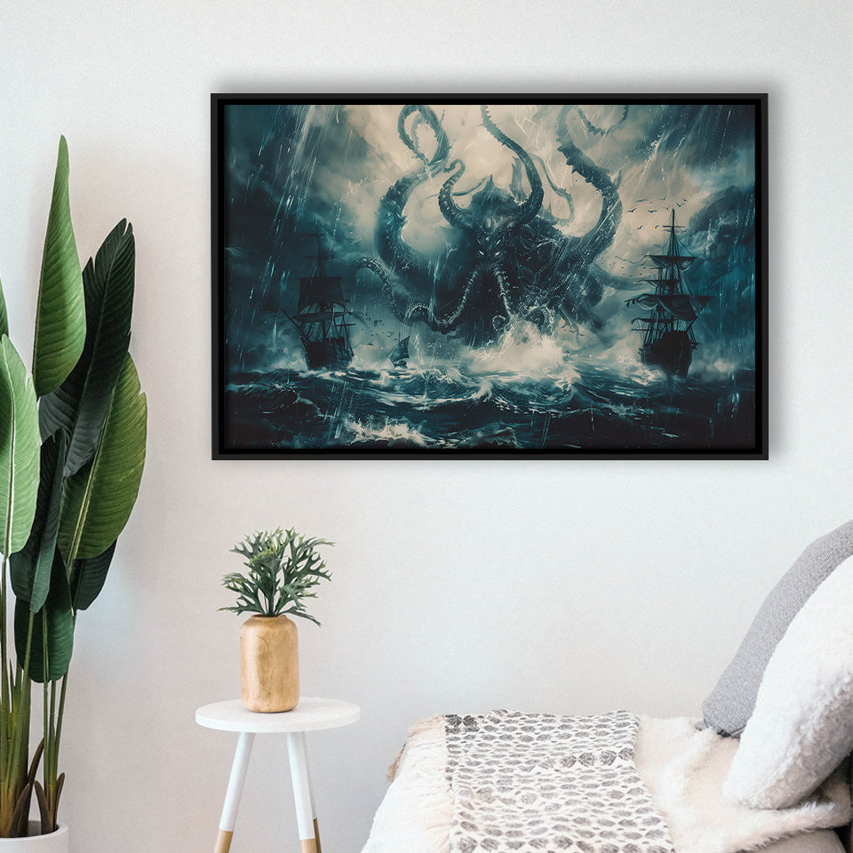 Big Cthulhu Monter Attacking The Pirate Ship Dark Blue, Framed Canvas Print Wall Art Decor,Floating Frame