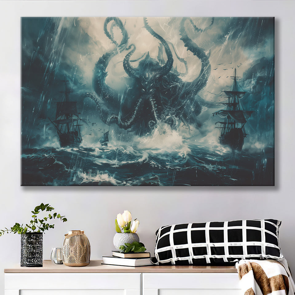 Big Cthulhu Monter Attacking The Pirate Ship Dark Blue, Canvas Print Wall Art Decor, Landscape Art Print