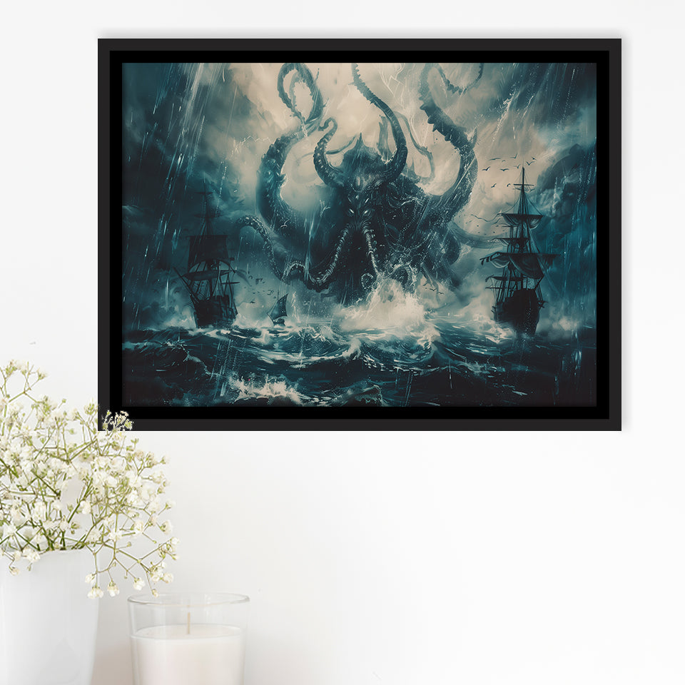 Big Cthulhu Monter Attacking The Pirate Ship Dark Blue, Framed Canvas Print Wall Art Decor,Floating Frame