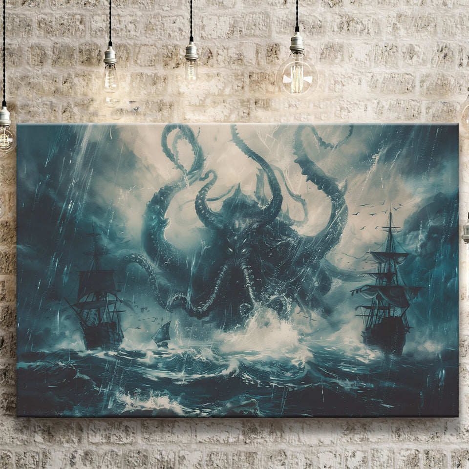Big Cthulhu Monter Attacking The Pirate Ship Dark Blue, Canvas Print Wall Art Decor, Landscape Art Print