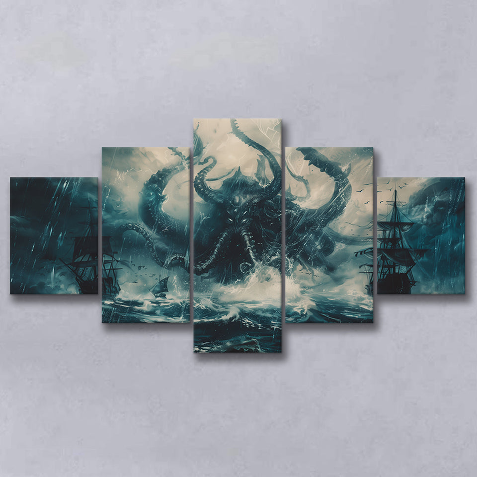 Big Cthulhu Monter Attacking The Pirate Ship Dark Blue, Multi Panel Canvas Print Wall Art Decor, 5 Mixed Panel