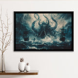 Big Cthulhu Monter Attacking The Pirate Ship Dark Blue, Framed Canvas Print Wall Art Decor,Floating Frame