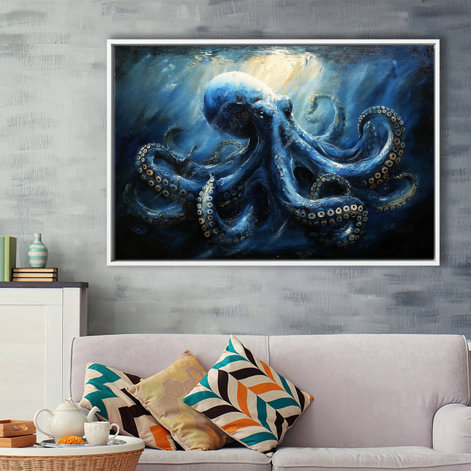 Big Kraken In The Sea Ocean Acrylic Painting, Floating Frame, Framed Canvas Print Wall Art Home Decor