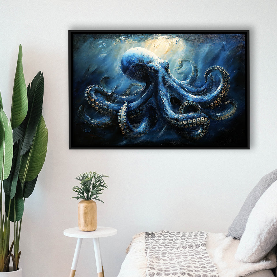 Big Kraken In The Sea Ocean Acrylic Painting, Floating Frame, Framed Canvas Print Wall Art Home Decor