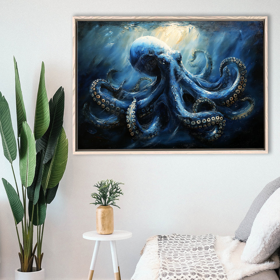 Big Kraken In The Sea Ocean Acrylic Painting, Floating Frame, Framed Canvas Print Wall Art Home Decor