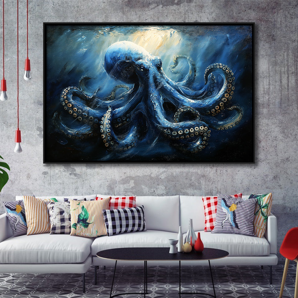 Big Kraken In The Sea Ocean Acrylic Painting, Floating Frame, Framed Canvas Print Wall Art Home Decor