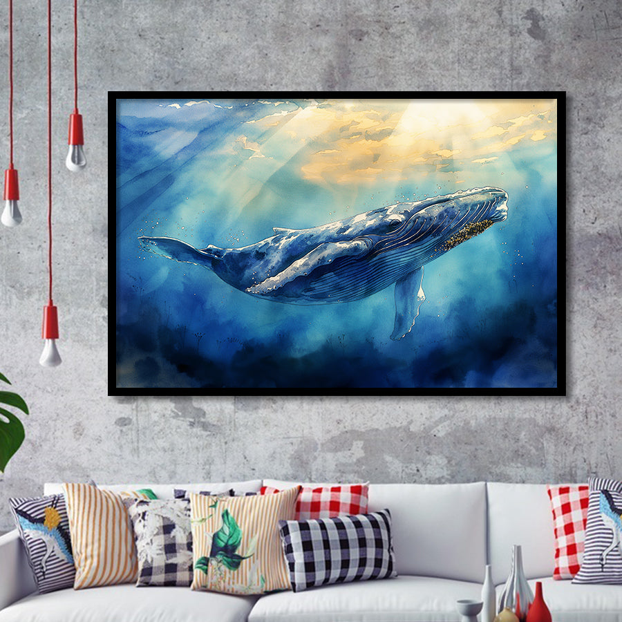 Big Whale In The  Blue Sea Ocean Watercolor Painting, Painting Art, Framed Art Print Wall Art Home Decor
