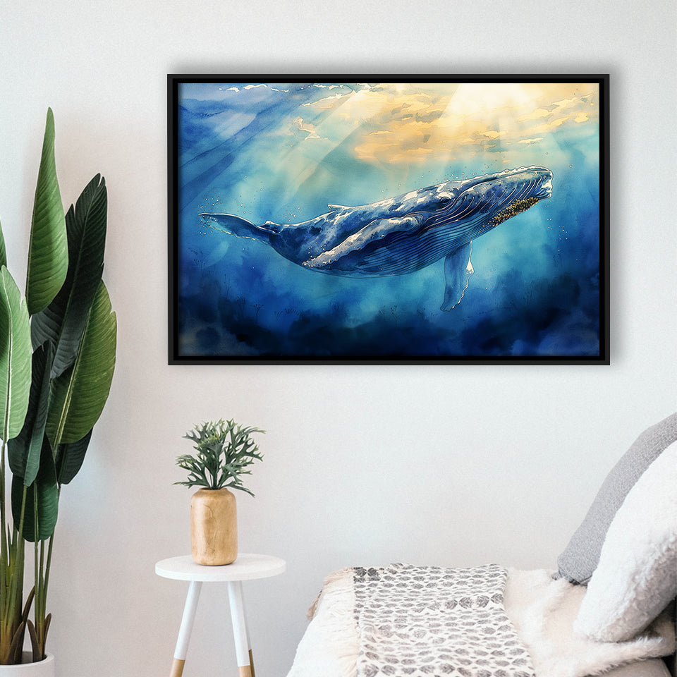 Big Whale In The  Blue Sea Ocean Watercolor Painting, Floating Frame, Framed Canvas Print Wall Art Home Decor