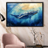 Big Whale In The  Blue Sea Ocean Watercolor Painting, Floating Frame, Framed Canvas Print Wall Art Home Decor