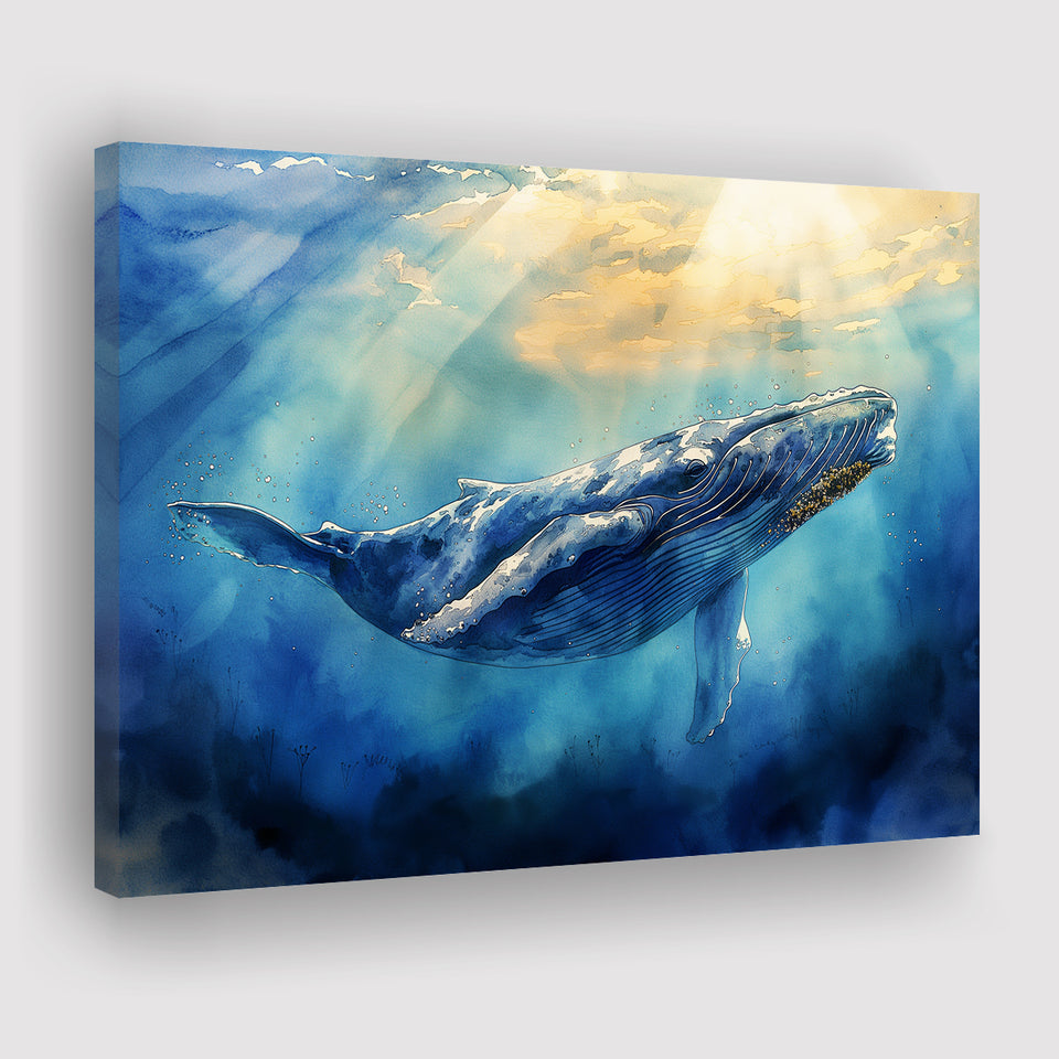 Big Whale In The  Blue Sea Ocean Watercolor Painting, Art Print, Canvas Print Wall Art Home Decor