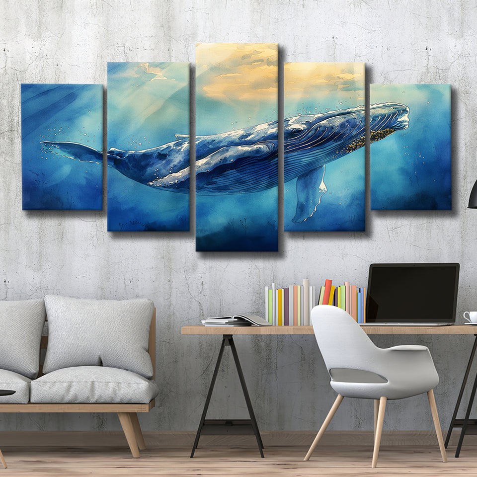Big Whale In The  Blue Sea Ocean Watercolor Painting, Multi Panel,Mixed Canvas Print Wall Art Decor