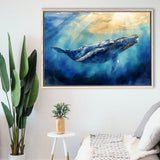 Big Whale In The  Blue Sea Ocean Watercolor Painting, Floating Frame, Framed Canvas Print Wall Art Home Decor