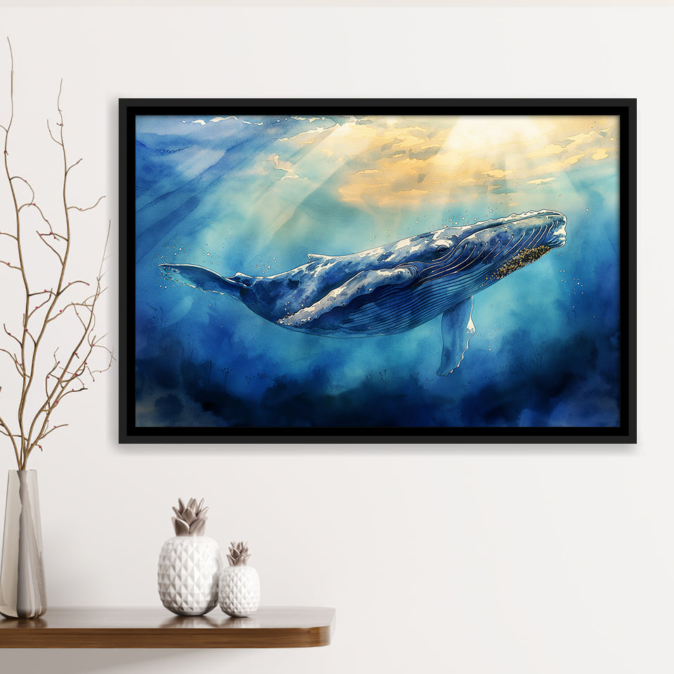 Big Whale In The  Blue Sea Ocean Watercolor Painting, Floating Frame, Framed Canvas Print Wall Art Home Decor