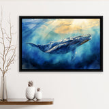 Big Whale In The  Blue Sea Ocean Watercolor Painting, Floating Frame, Framed Canvas Print Wall Art Home Decor