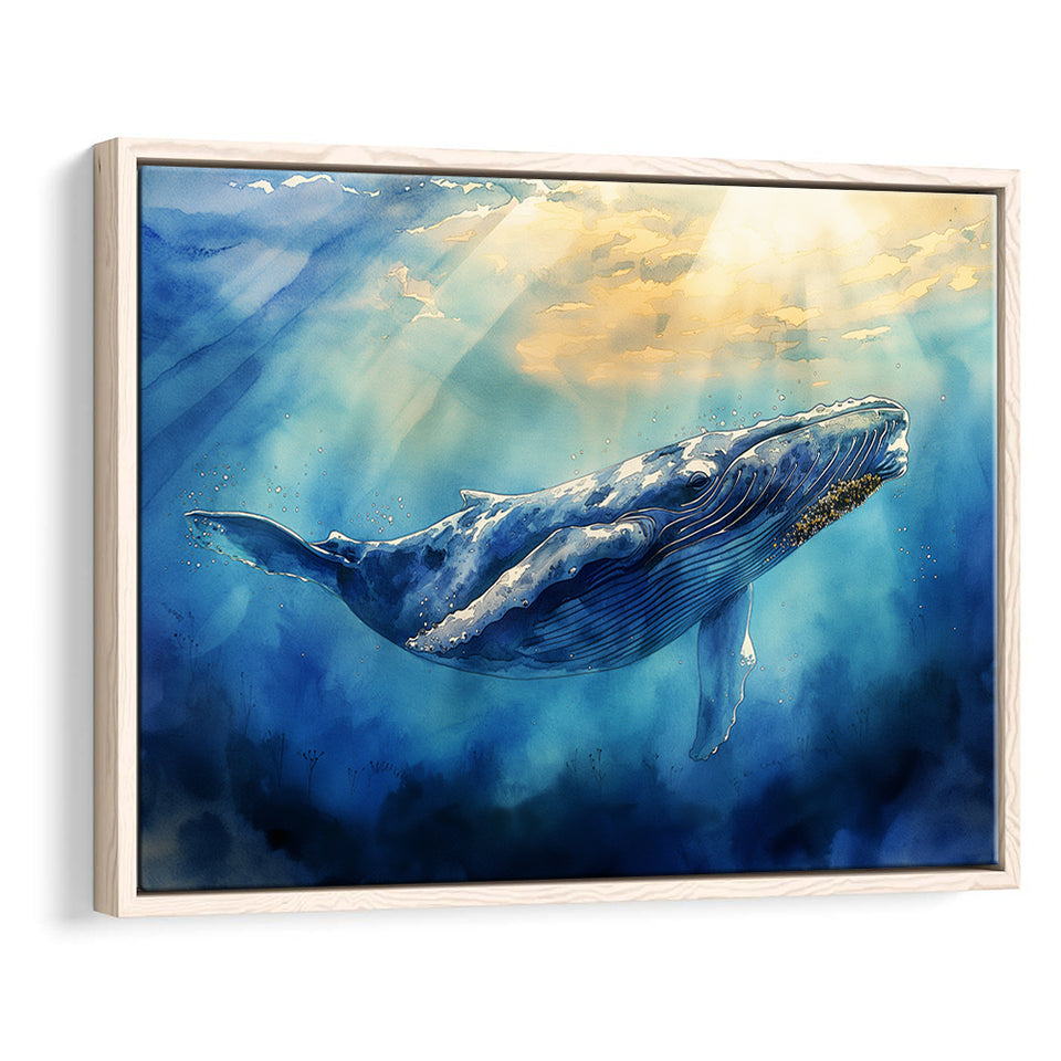 Big Whale In The  Blue Sea Ocean Watercolor Painting, Floating Frame, Framed Canvas Print Wall Art Home Decor