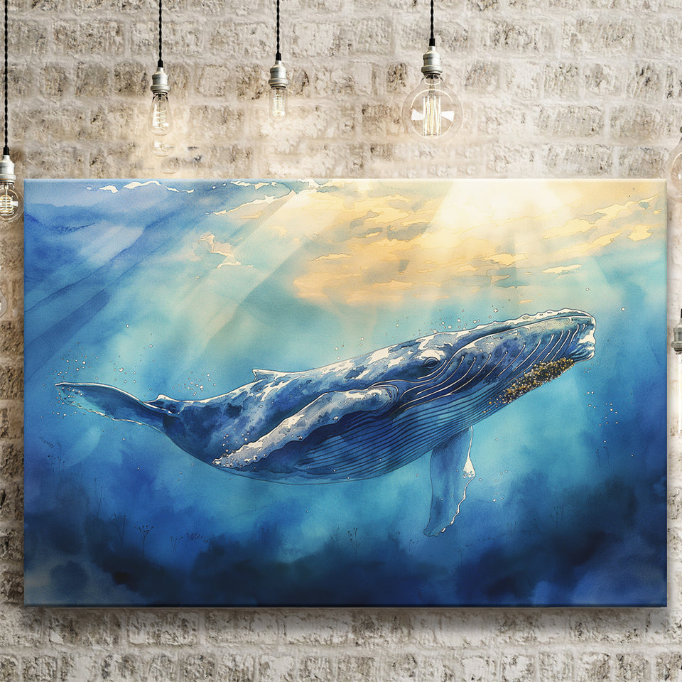 Big Whale In The  Blue Sea Ocean Watercolor Painting, Art Print, Canvas Print Wall Art Home Decor