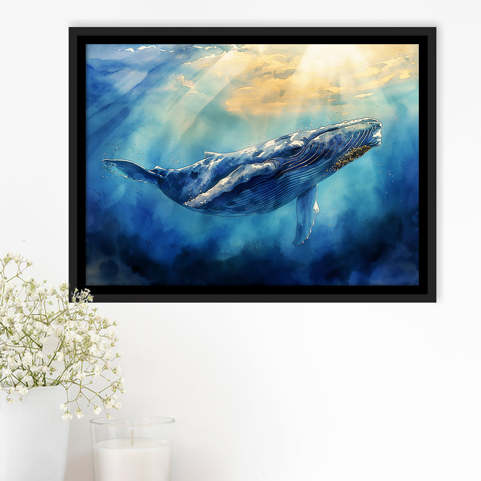 Big Whale In The  Blue Sea Ocean Watercolor Painting, Floating Frame, Framed Canvas Print Wall Art Home Decor