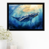 Big Whale In The  Blue Sea Ocean Watercolor Painting, Floating Frame, Framed Canvas Print Wall Art Home Decor
