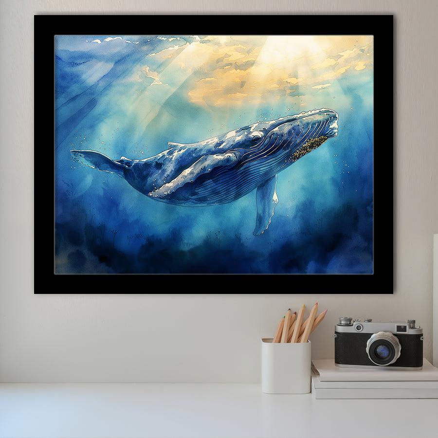 Big Whale In The  Blue Sea Ocean Watercolor Painting, Painting Art, Framed Art Print Wall Art Home Decor
