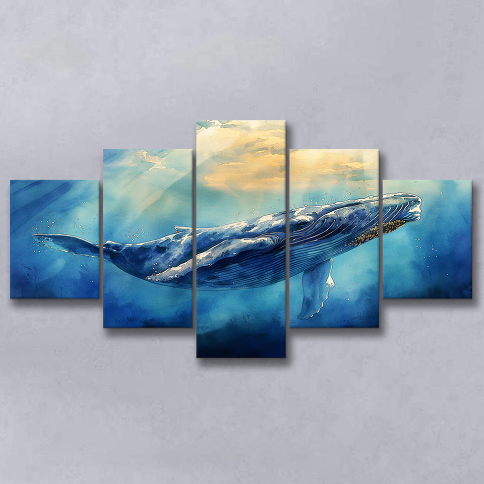 Big Whale In The  Blue Sea Ocean Watercolor Painting, Multi Panel,Mixed Canvas Print Wall Art Decor