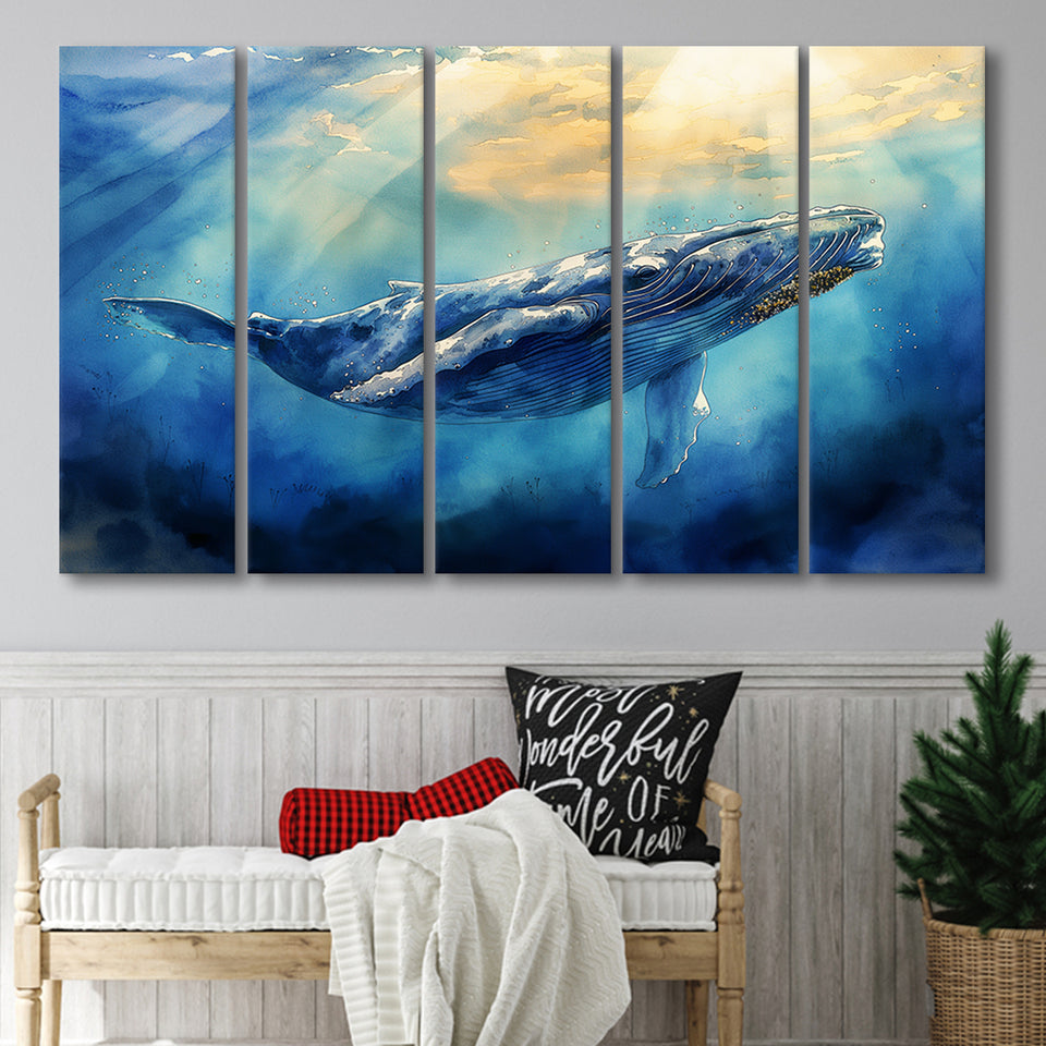 Big Whale In The  Blue Sea Ocean Watercolor Painting, Extra Large Canvas, Canvas Print Wall Art Decor