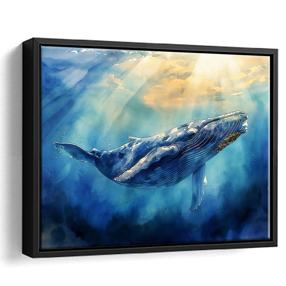 Big Whale In The  Blue Sea Ocean Watercolor Painting, Floating Frame, Framed Canvas Print Wall Art Home Decor
