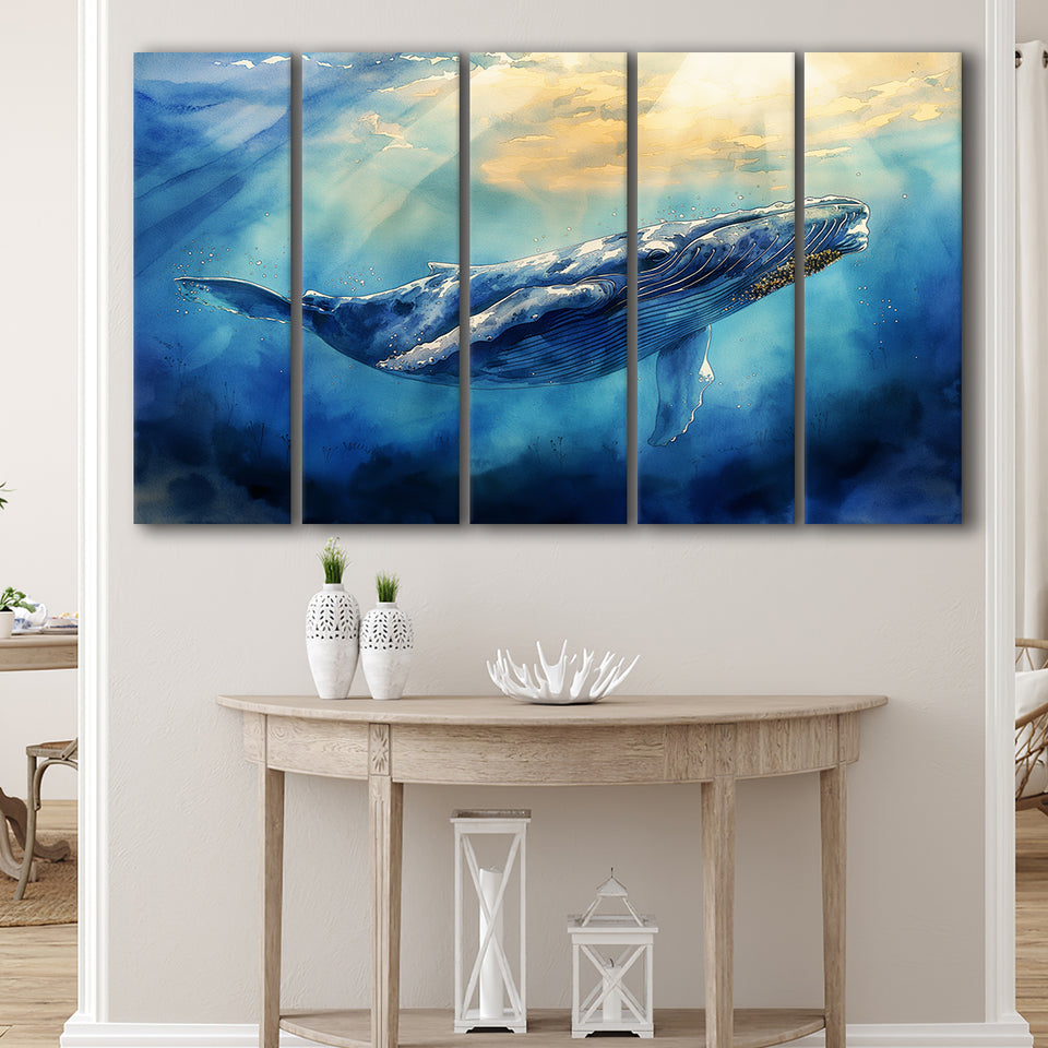 Big Whale In The  Blue Sea Ocean Watercolor Painting, Extra Large Canvas, Canvas Print Wall Art Decor