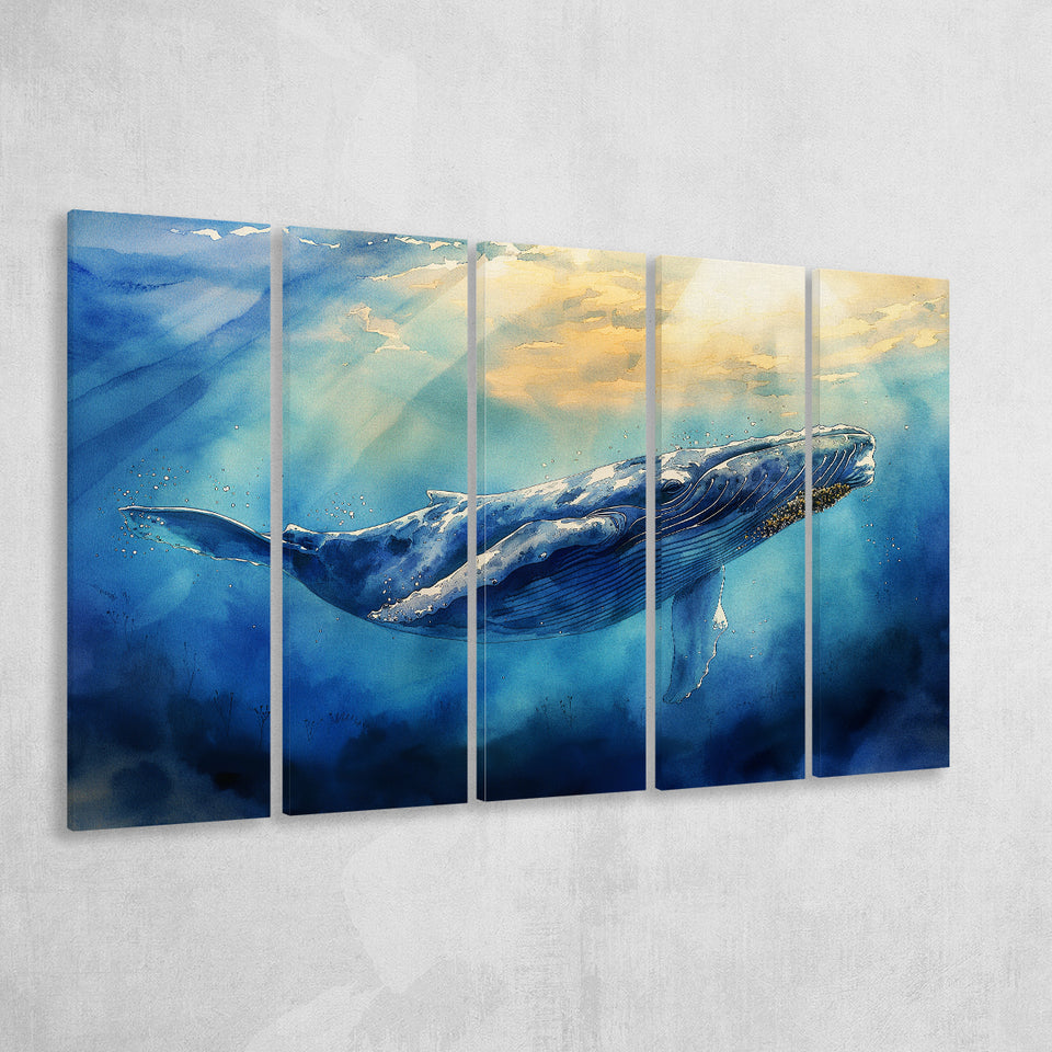 Big Whale In The  Blue Sea Ocean Watercolor Painting, Extra Large Canvas, Canvas Print Wall Art Decor