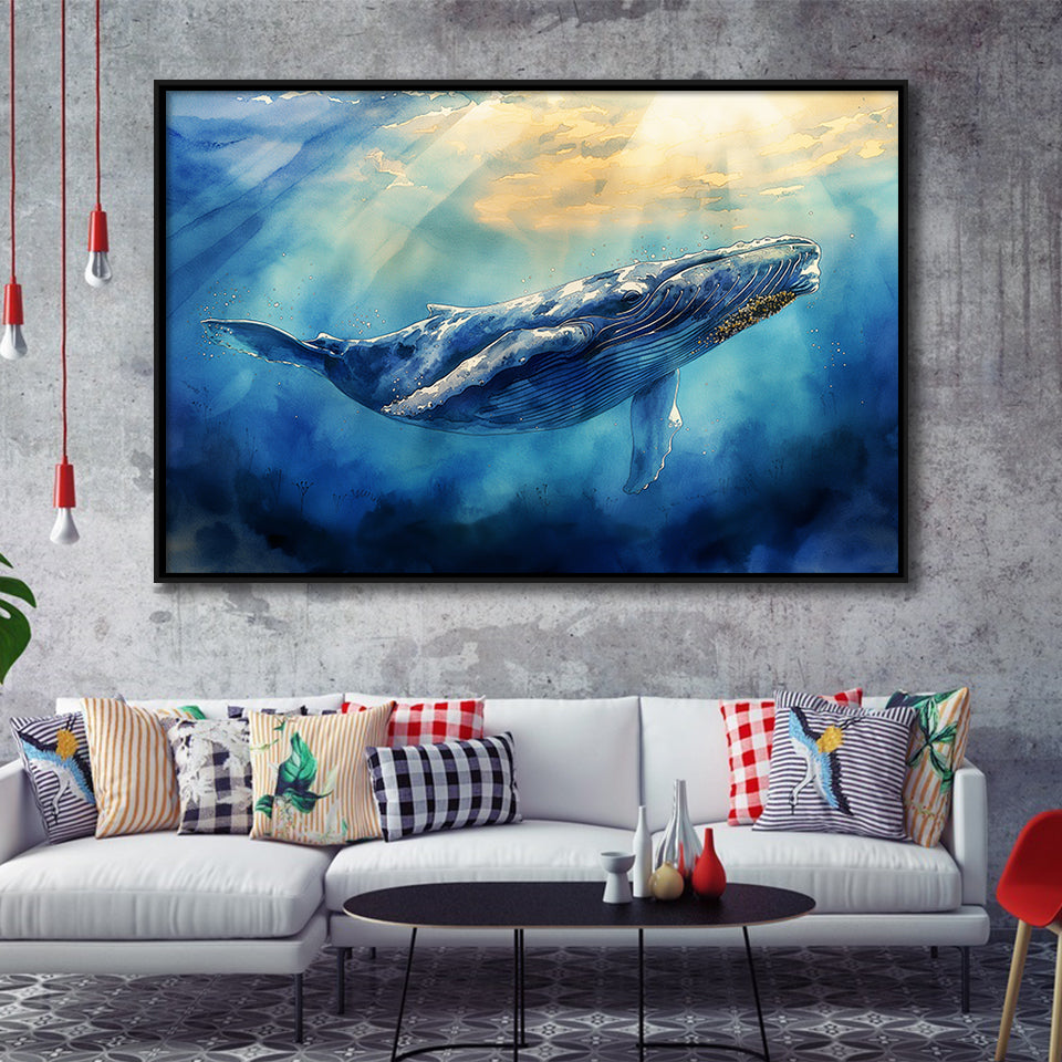 Big Whale In The  Blue Sea Ocean Watercolor Painting, Floating Frame, Framed Canvas Print Wall Art Home Decor