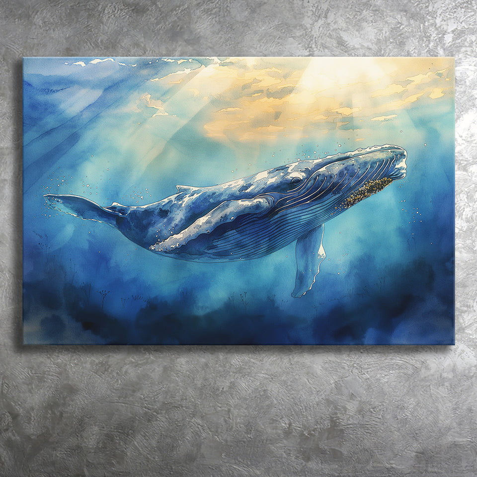 Big Whale In The  Blue Sea Ocean Watercolor Painting, Art Print, Canvas Print Wall Art Home Decor