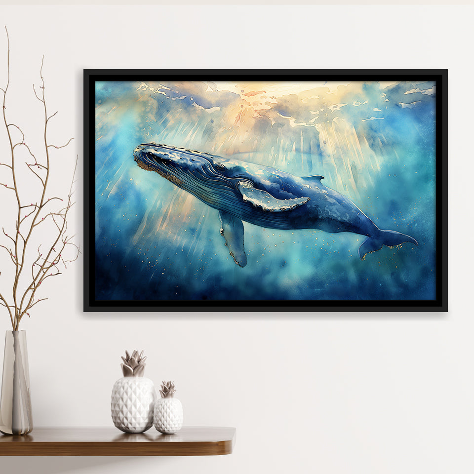 Big Whale In The Sea Ocean Watercolor Painting  V1, Floating Frame, Framed Canvas Print Wall Art Home Decor