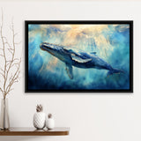 Big Whale In The Sea Ocean Watercolor Painting  V1, Floating Frame, Framed Canvas Print Wall Art Home Decor