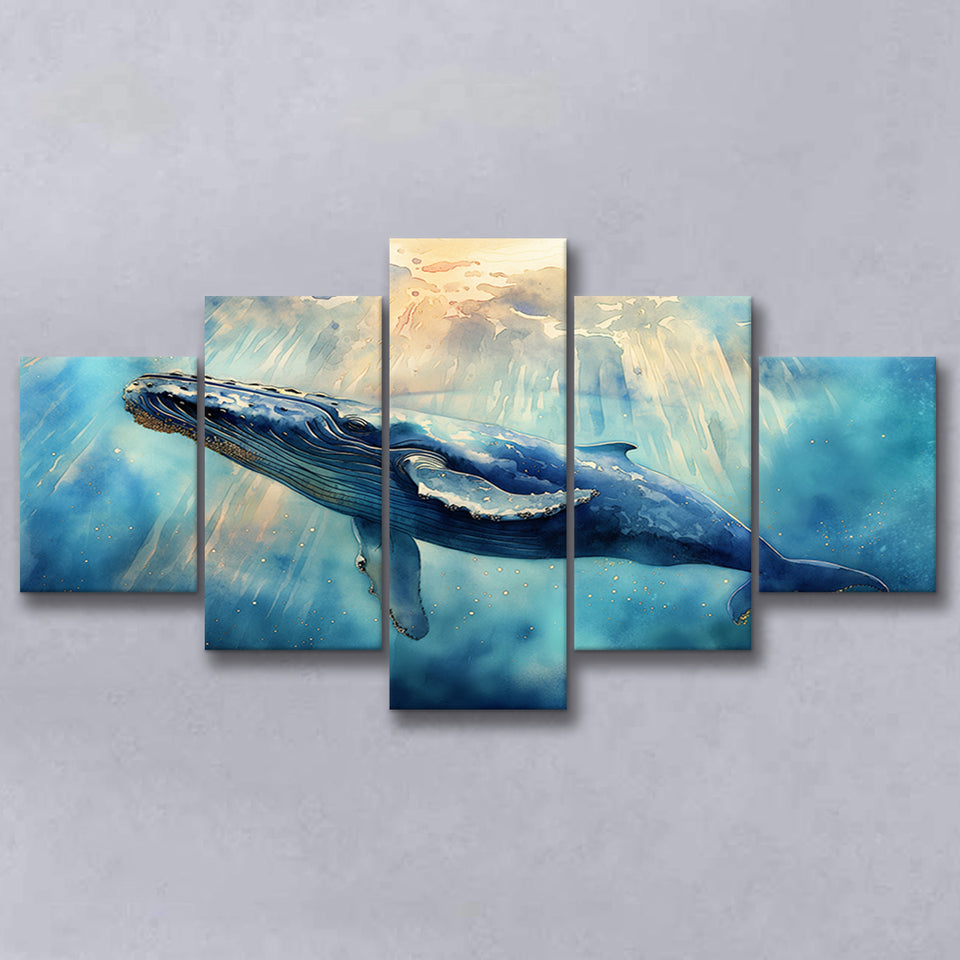 Big Whale In The Sea Ocean Watercolor Painting  V1, Multi Panel,Mixed Canvas Print Wall Art Decor
