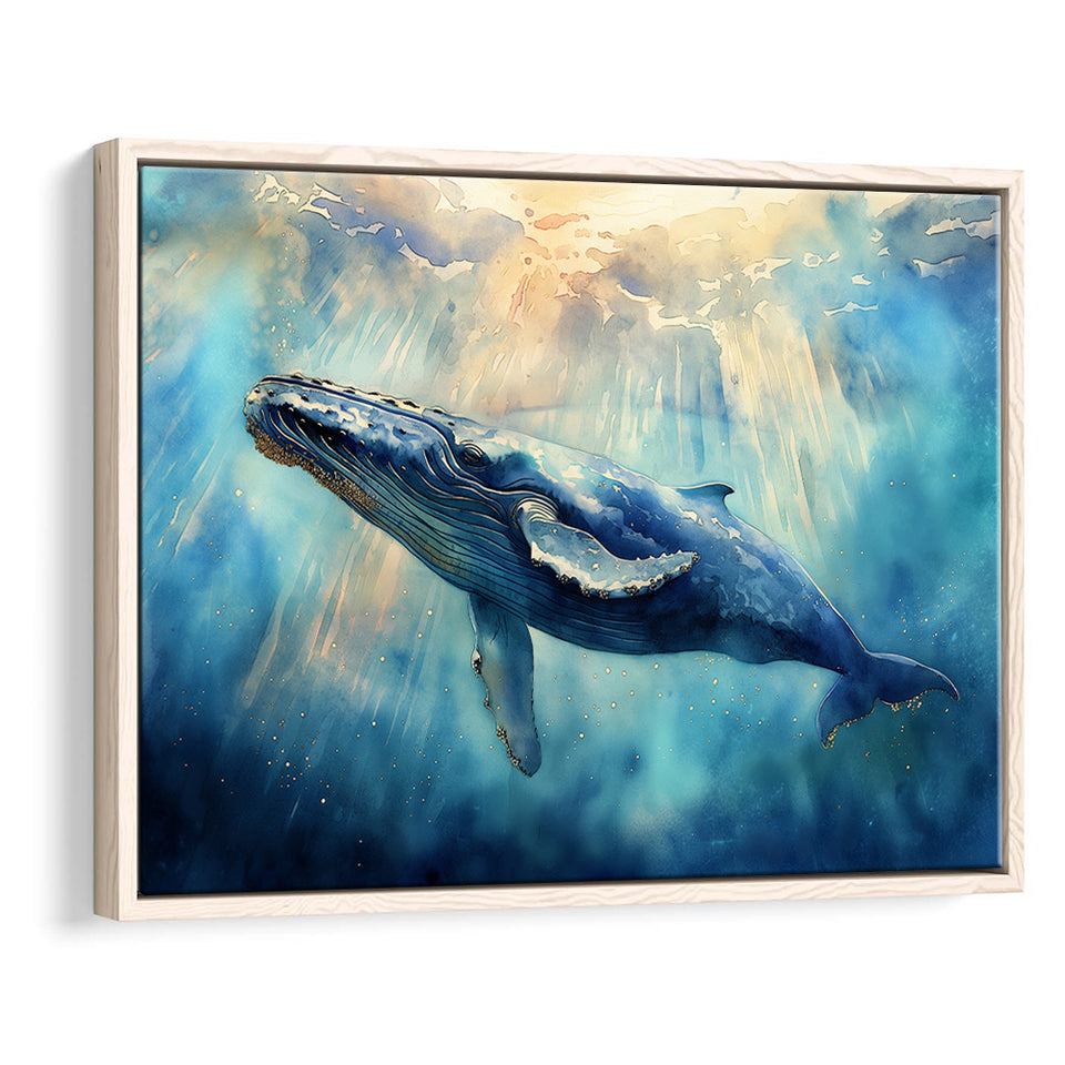 Big Whale In The Sea Ocean Watercolor Painting  V1, Floating Frame, Framed Canvas Print Wall Art Home Decor