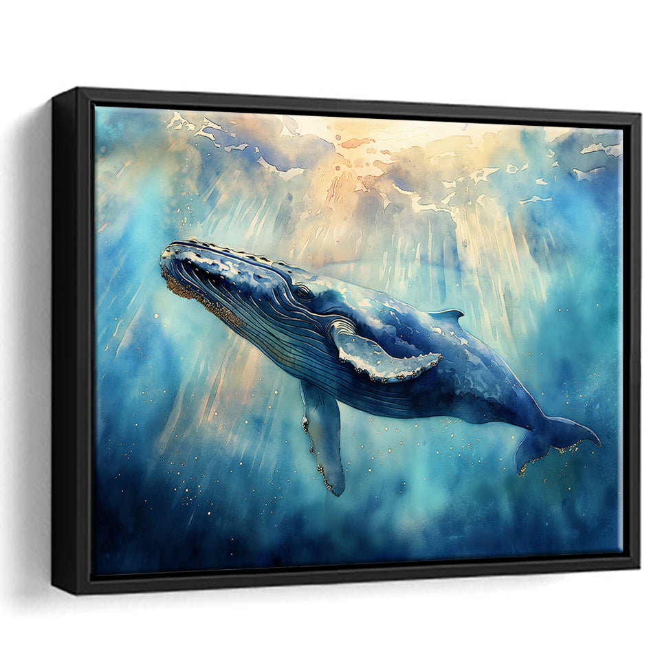 Big Whale In The Sea Ocean Watercolor Painting  V1, Floating Frame, Framed Canvas Print Wall Art Home Decor