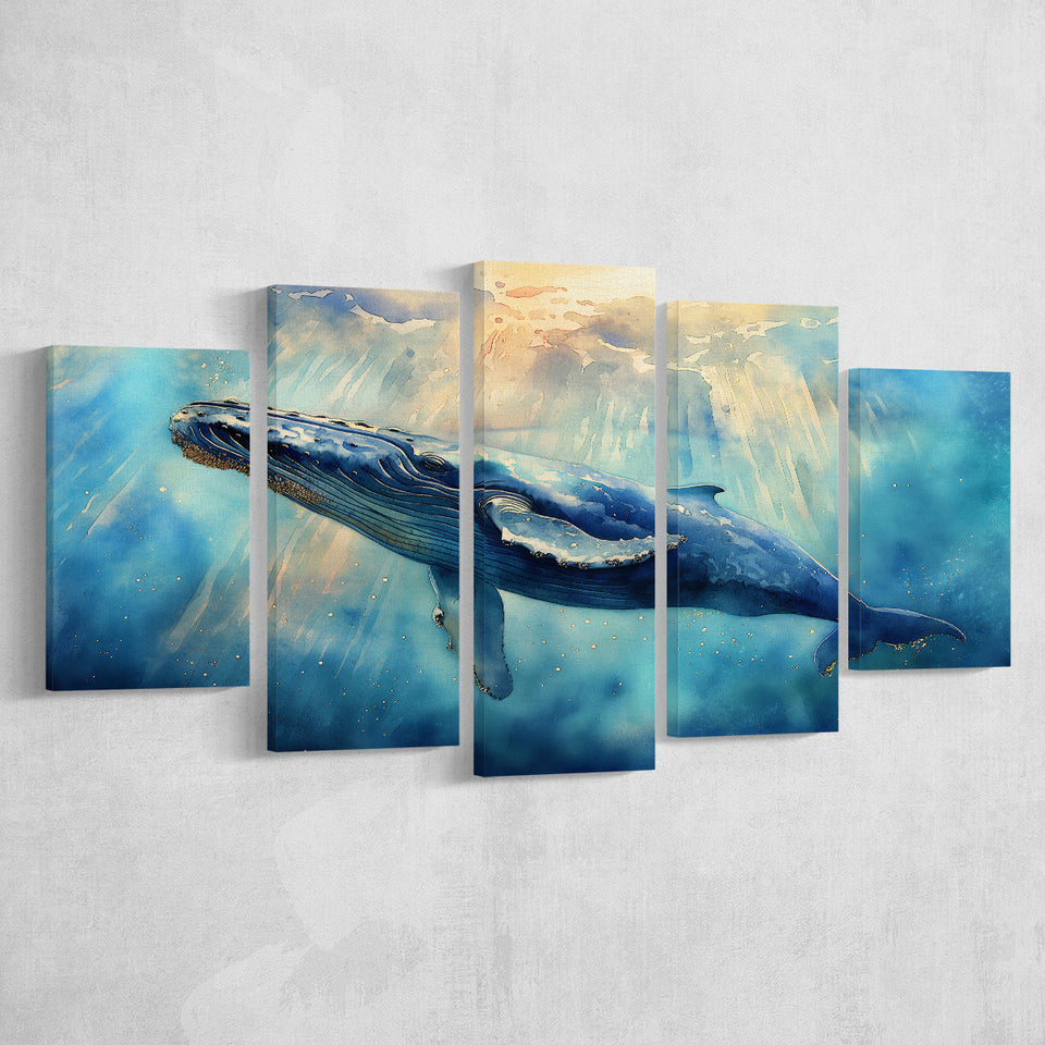 Big Whale In The Sea Ocean Watercolor Painting  V1, Multi Panel,Mixed Canvas Print Wall Art Decor
