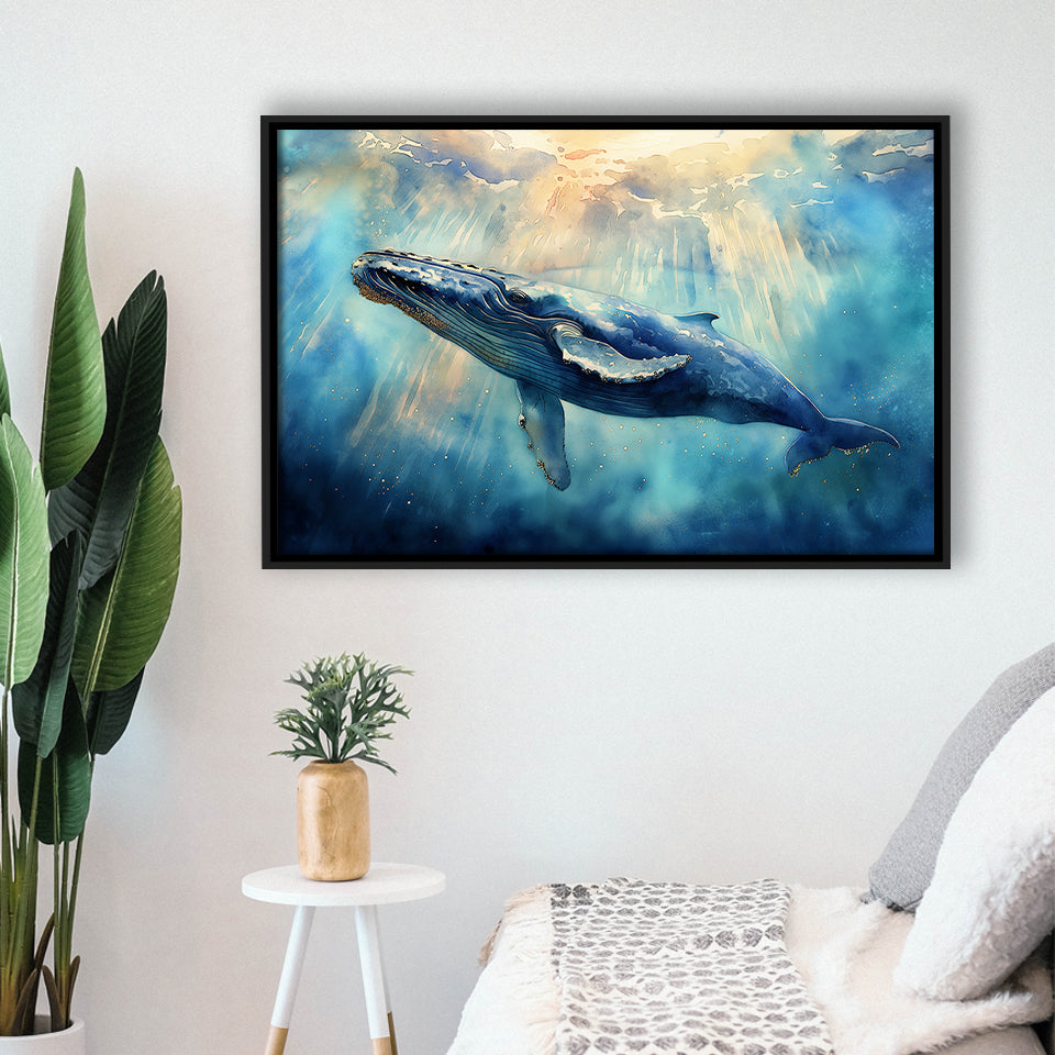 Big Whale In The Sea Ocean Watercolor Painting  V1, Floating Frame, Framed Canvas Print Wall Art Home Decor