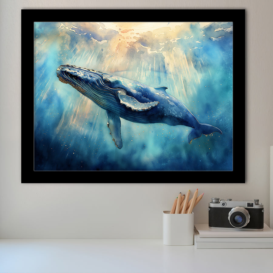 Big Whale In The Sea Ocean Watercolor Painting  V1, Painting Art, Framed Art Print Wall Art Home Decor