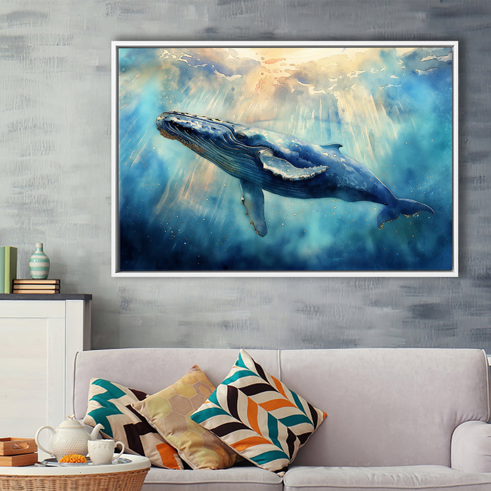 Big Whale In The Sea Ocean Watercolor Painting  V1, Floating Frame, Framed Canvas Print Wall Art Home Decor
